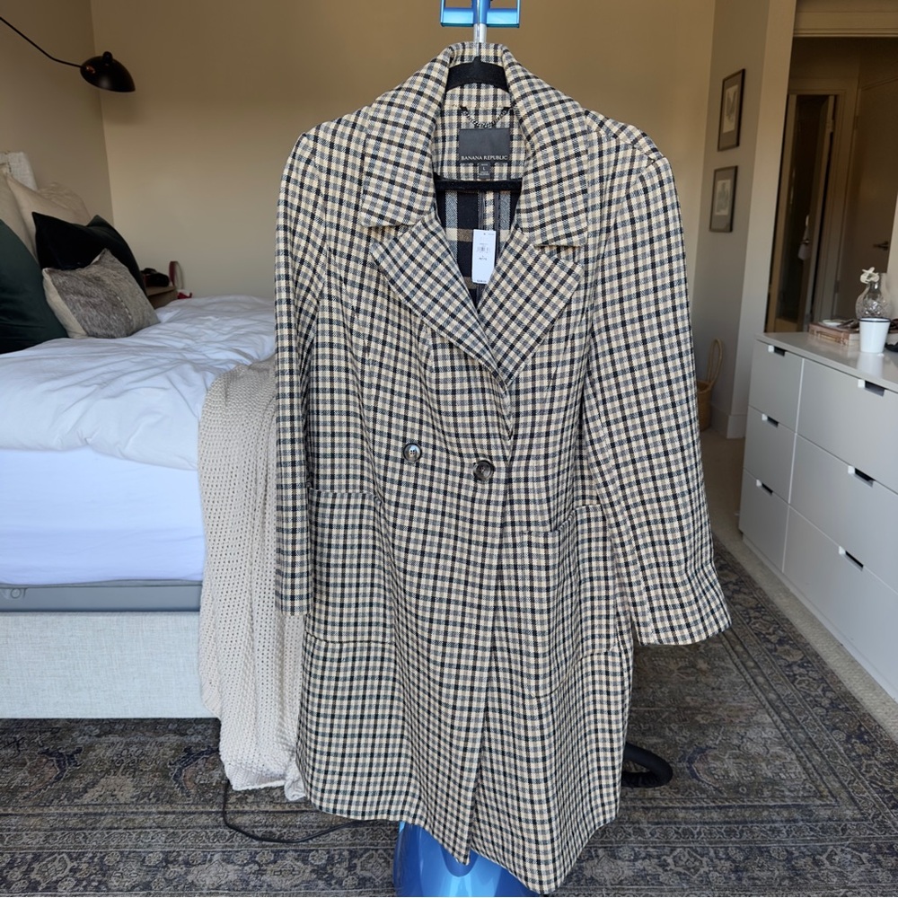 NWT Banana Republic Italian Double-Faced Top Coat Camel & Black Plaid Petite L